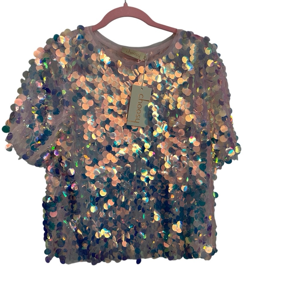 Choosy Women’s Short Sleeve Crewneck Iridescent Sequin Tulle Blouse Sz XS NWT